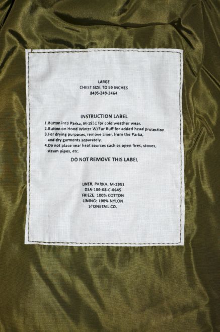 stonetail m51 parka liner label