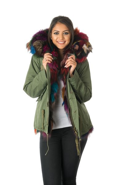 Parka coat with coloured fur hood on sale